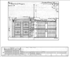 Architectural drawings of a brick building with large windows. 